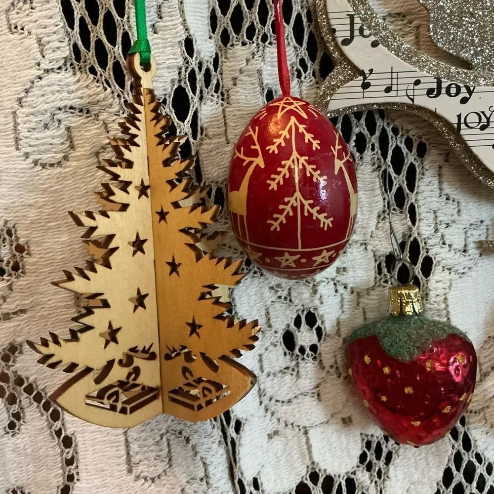 Vintage Christmas Ornament Lot Wood Glass Bird Joy 5pc Set